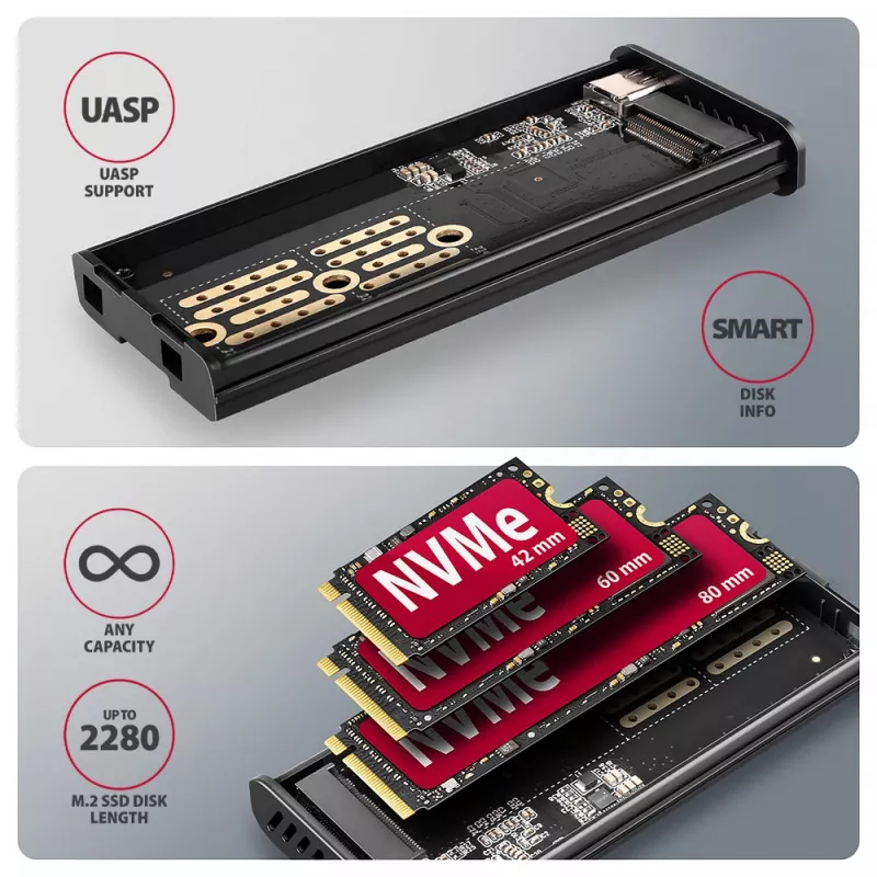 Axagon EEM2-SD2 USB-C 10Gbps - M.2 NVMe & SATA SSD DISPLAY kaste