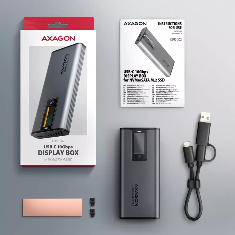 Axagon EEM2-SD2 USB-C 10Gbps - M.2 NVMe & SATA SSD DISPLAY kaste