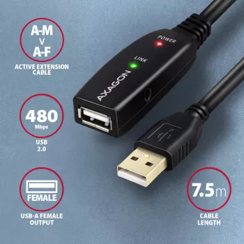 Axagon ADR-207 USB atkārtotāja kabelis 7,5 m USB 2.0 Melns
