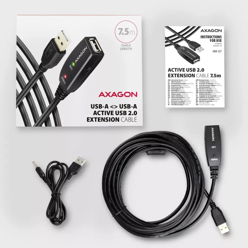 Axagon ADR-207 USB atkārtotāja kabelis 7,5 m USB 2.0 Melns