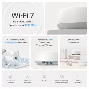 TP-Link BE3600 Visa mājas Mesh Wi-Fi 7 sistēma(1 gab.), Balta, Iekšējās, Mesh sistēma, Divjoslu (2,4 GHz / 5 GHz), Wi-Fi 7 (802.11be), 2882 Mbit/s