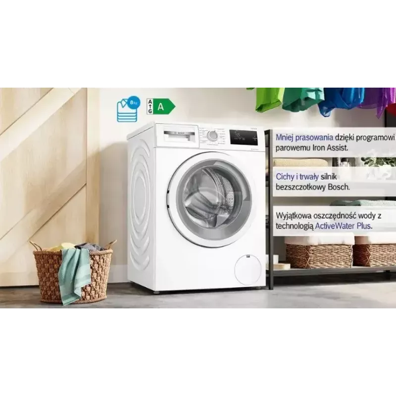 Priekšējās ielādes veļas mašīna Bosch WAN2405MPL, 7 kg, 1200 apgr./min, A enerģijas klase, LED displejs, balta