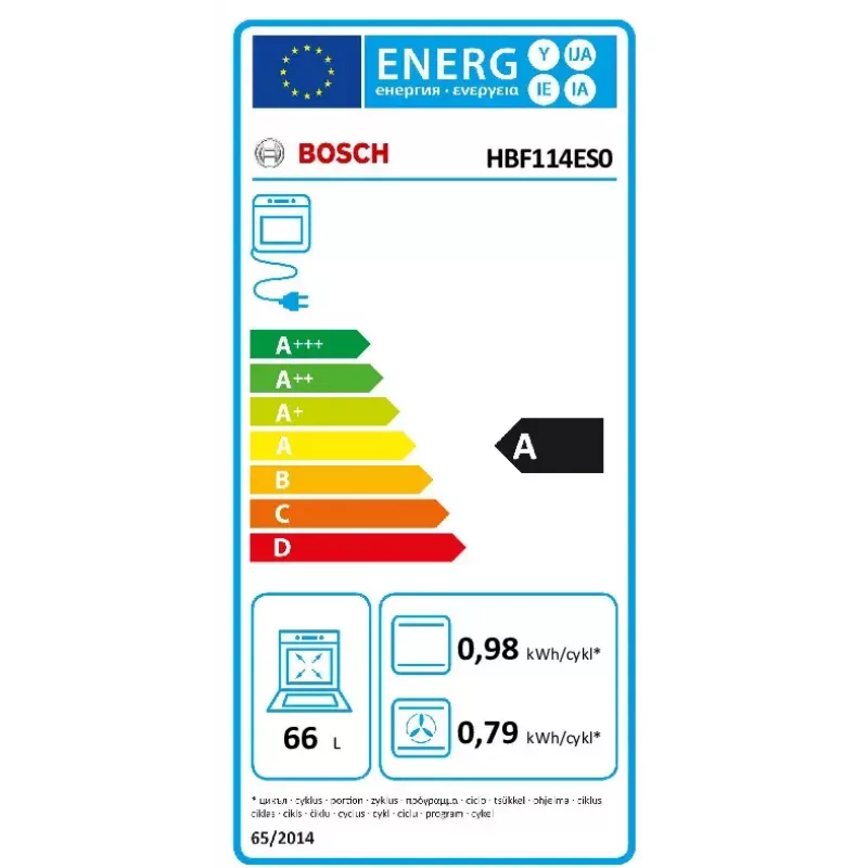 Iebūvējamā elektriskā cepeškrāsns Bosch Serie 2 HBF114ES0 — 66 L, nerūsējošais tērauds, skāriena + rotācijas vadība, 7 programmas, grils, konvekcija, 50–275 °C