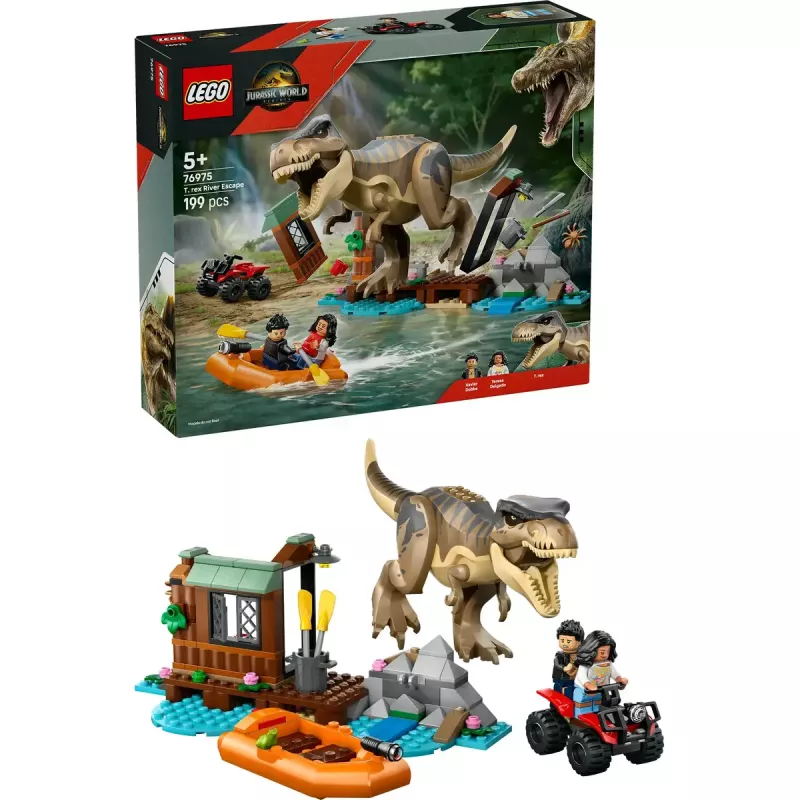 LEGO dinozauru konstruktors T. rex bēgšana pa upi 76975 — 199 detaļas, 2 minifigūras, vecums 5+