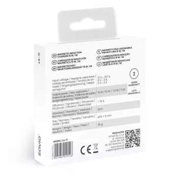 Bezvadu iekštelpu mobilais lādētājs SAVIO LA-11, Qi 1.2, 15 W, balts, 55×55×5 mm