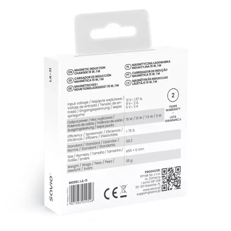 Bezvadu iekštelpu mobilais lādētājs SAVIO LA-11, Qi 1.2, 15 W, balts, 55×55×5 mm