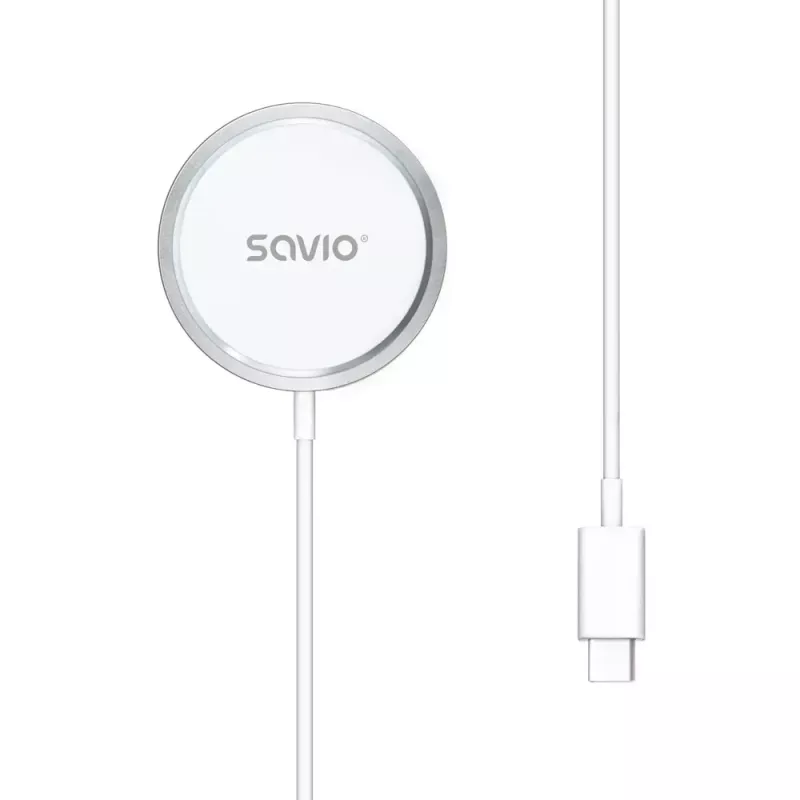 Bezvadu iekštelpu mobilais lādētājs SAVIO LA-11, Qi 1.2, 15 W, balts, 55×55×5 mm