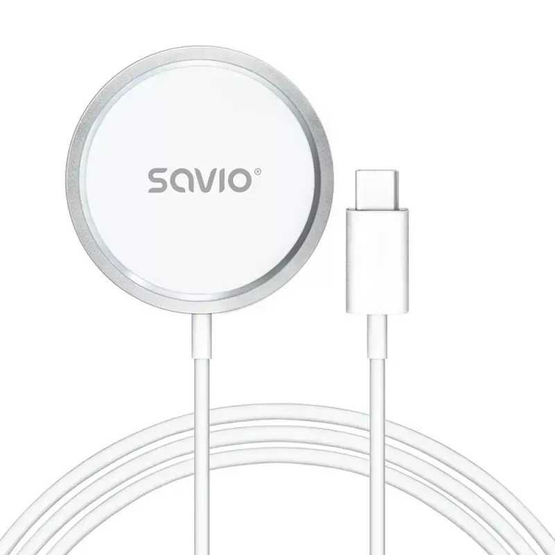 Bezvadu iekštelpu mobilais lādētājs SAVIO LA-11, Qi 1.2, 15 W, balts, 55×55×5 mm