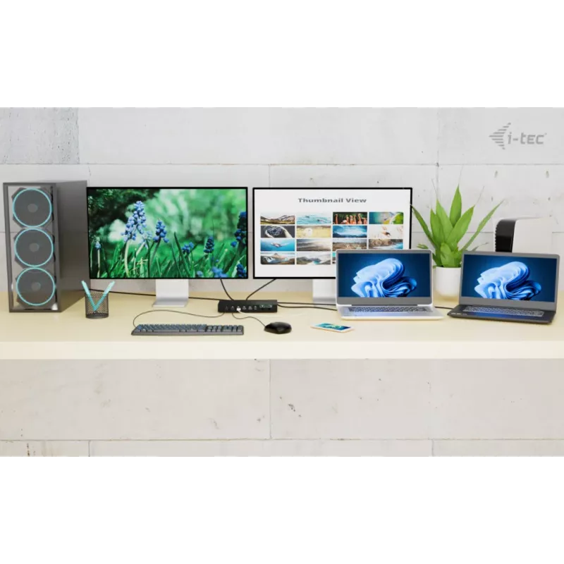 ITEC i-tec USB-C KVM Dock PRO trim resursdatoriem, dubultā video, 2× jaudas piegāde (līdz 92 W), USB 3.2, 10 Gbps, Gigabit Ethernet