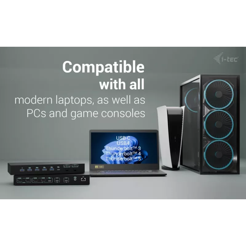 ITEC i-tec USB-C KVM Dock PRO trim resursdatoriem, dubultā video, 2× jaudas piegāde (līdz 92 W), USB 3.2, 10 Gbps, Gigabit Ethernet
