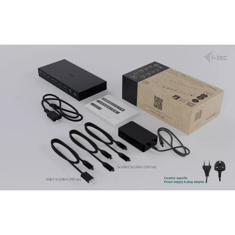 ITEC i-tec USB-C KVM Dock PRO trim resursdatoriem, dubultā video, 2× jaudas piegāde (līdz 92 W), USB 3.2, 10 Gbps, Gigabit Ethernet