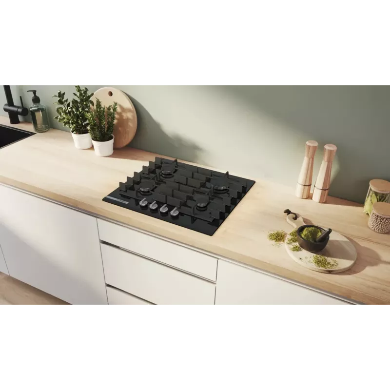 Iebūvējamā gāzes plīts virsma Bosch PRP6A6H40 — 60 cm, melna, 4 degļi, rotējošas priekšējās vadības ierīces