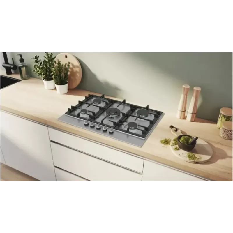 Bosch Serie 6 PCQ7A5I90 plīts virsma Nerūsējošais tērauds Iebūvējama 75 cm Gāzes 5 zona(s)
