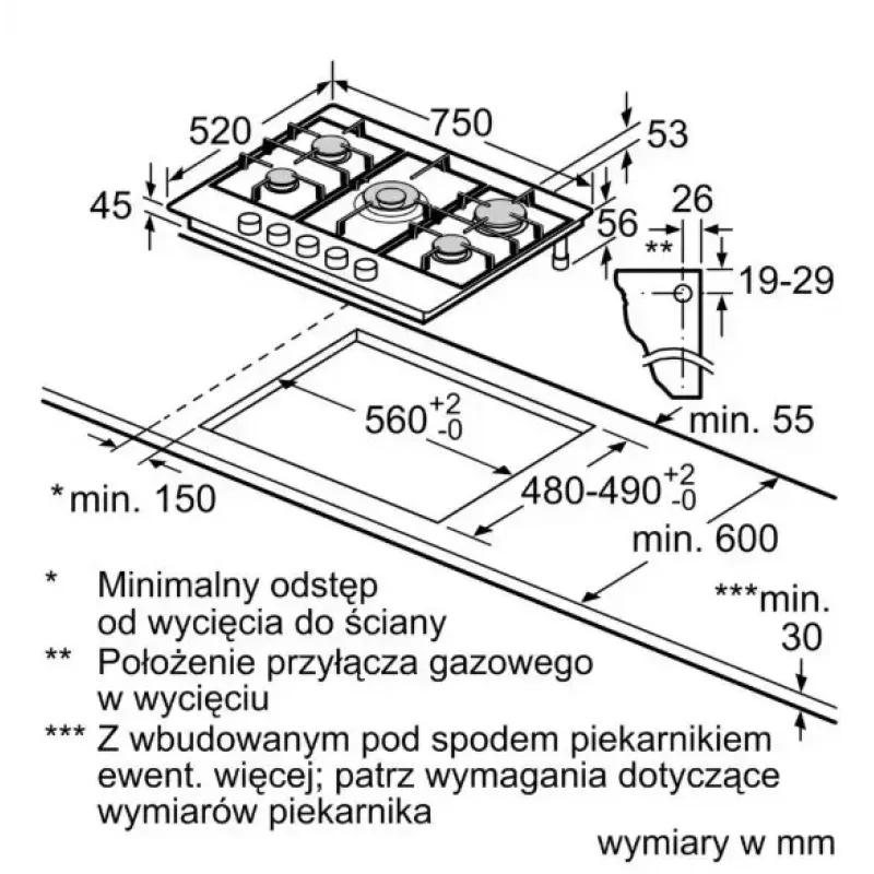 Bosch Serie 6 PCQ7A5I90 plīts virsma Nerūsējošais tērauds Iebūvējama 75 cm Gāzes 5 zona(s)