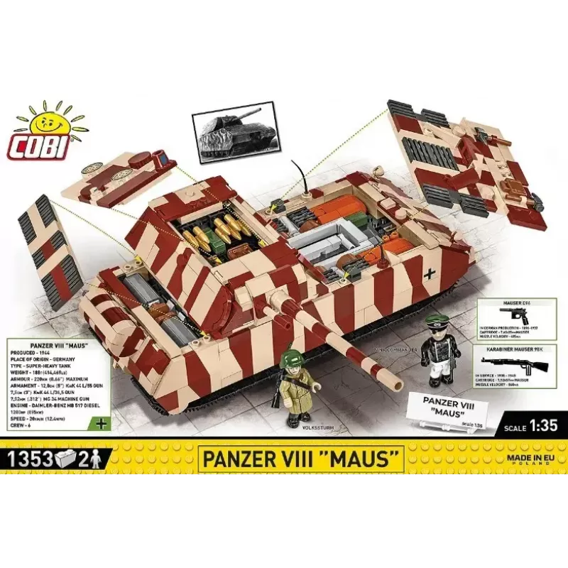 Cobi Building Blocks Panzer VIII Maus modeļa komplekts mērogā 1:35 COBI-3138, detalizēta militārā transportlīdzekļa replika