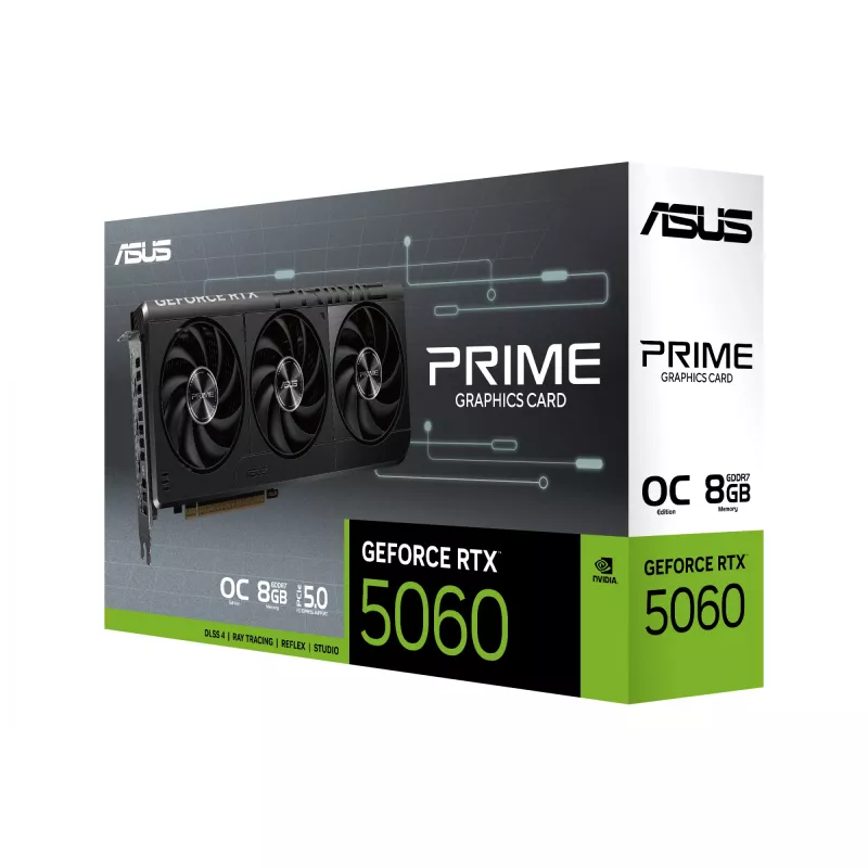 Grafikas karte ASUS GeForce RTX 5060 — 8 GB GDDR7, 128 bitu, PCIe 5.0, 3x DisplayPort 2.1b + 1x HDMI 2.1b, 2595 MHz OC, 3 ventilatori, 268.3 mm