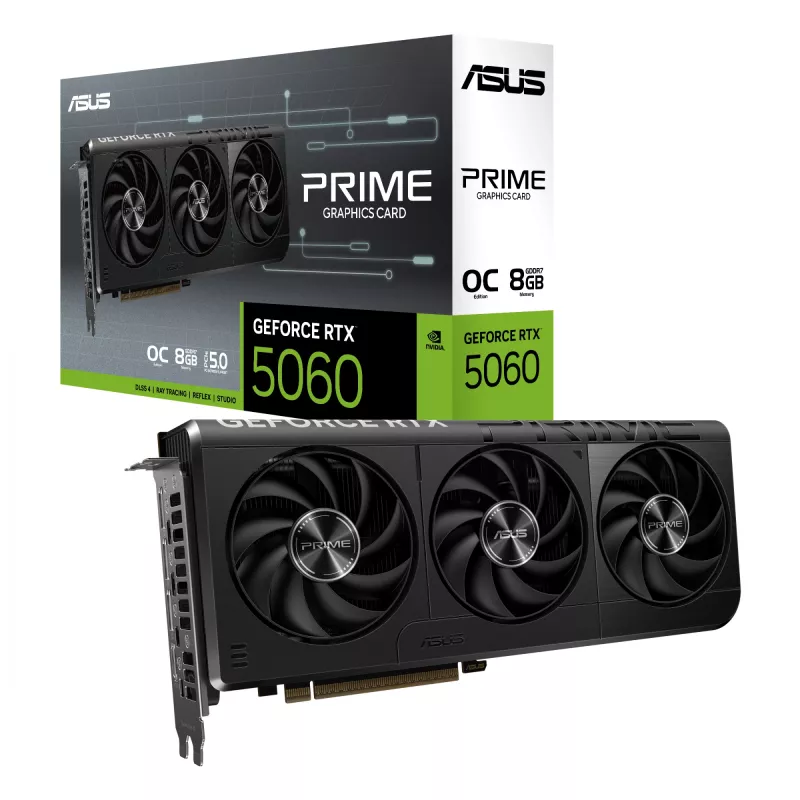 Grafikas karte ASUS GeForce RTX 5060 — 8 GB GDDR7, 128 bitu, PCIe 5.0, 3x DisplayPort 2.1b + 1x HDMI 2.1b, 2595 MHz OC, 3 ventilatori, 268.3 mm