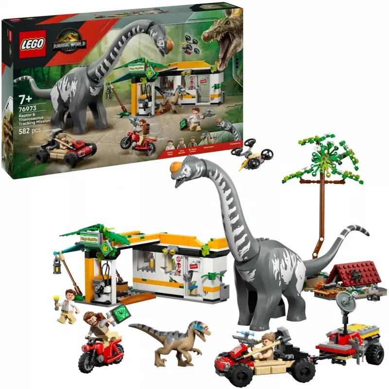 LEGO Jurassic World komplekts 76973 — Raptors un titanozaurs ar 3 figūrām, 582 detaļām, vecumam 7+