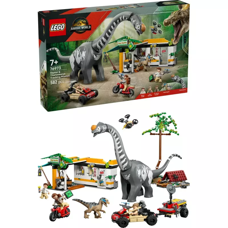 LEGO Jurassic World komplekts 76973 — Raptors un titanozaurs ar 3 figūrām, 582 detaļām, vecumam 7+