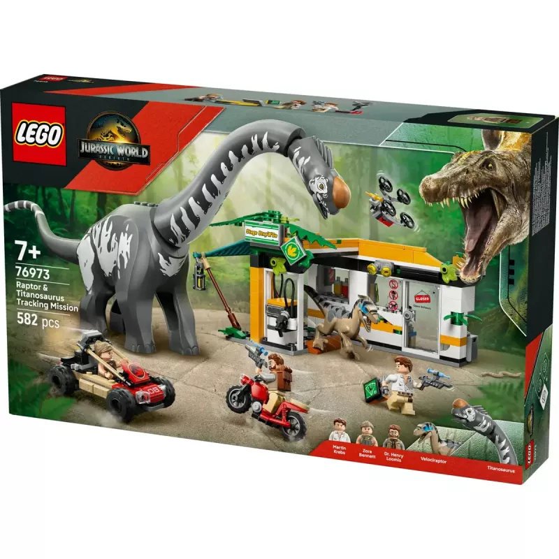 LEGO Jurassic World komplekts 76973 — Raptors un titanozaurs ar 3 figūrām, 582 detaļām, vecumam 7+