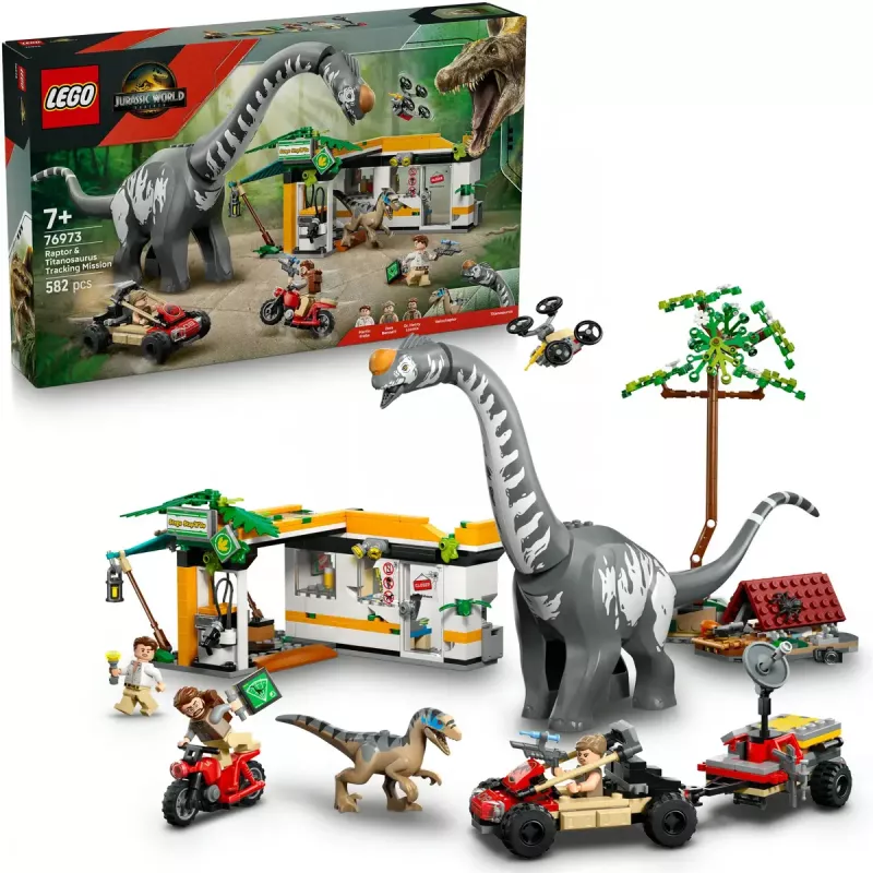 LEGO Jurassic World komplekts 76973 — Raptors un titanozaurs ar 3 figūrām, 582 detaļām, vecumam 7+
