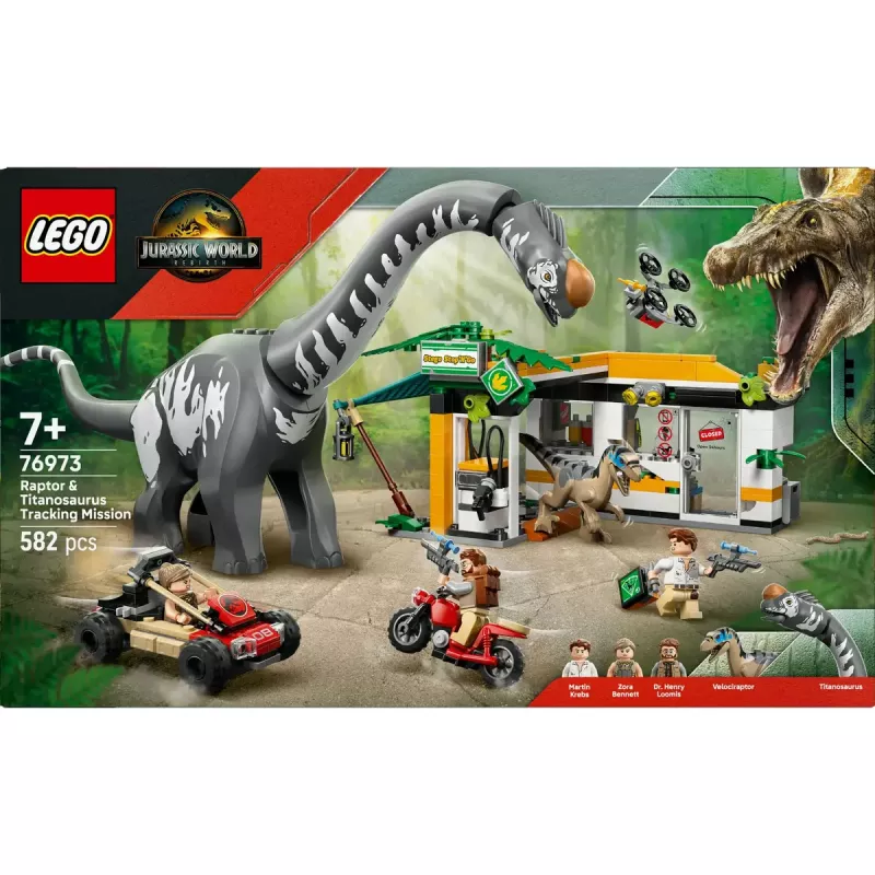 LEGO Jurassic World komplekts 76973 — Raptors un titanozaurs ar 3 figūrām, 582 detaļām, vecumam 7+