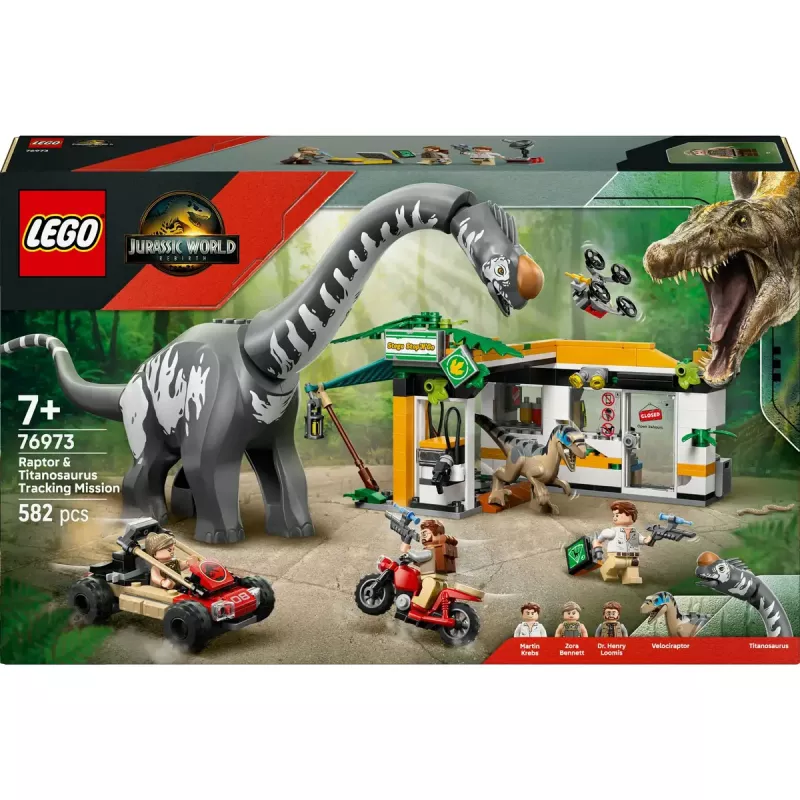 LEGO Jurassic World komplekts 76973 — Raptors un titanozaurs ar 3 figūrām, 582 detaļām, vecumam 7+