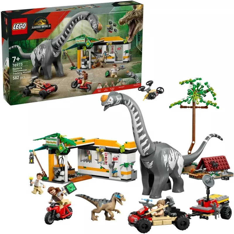 LEGO Jurassic World komplekts 76973 — Raptors un titanozaurs ar 3 figūrām, 582 detaļām, vecumam 7+