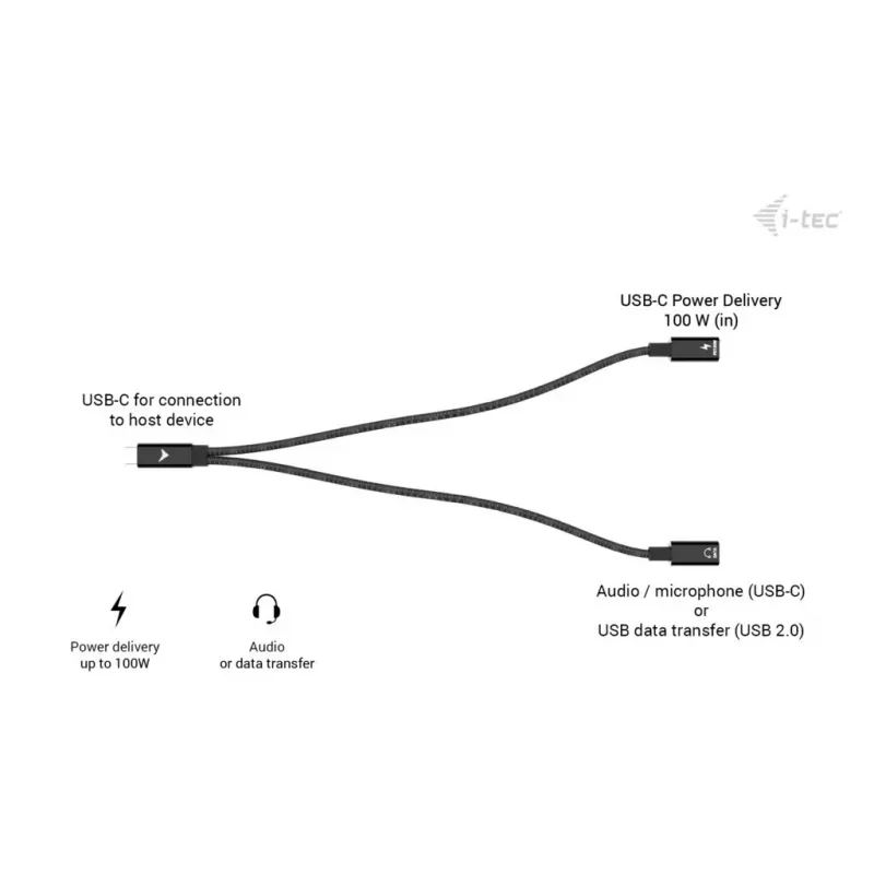 i-tec USB-C kabeļa sadalītājs audio/datiem + strāvas padeve 100 W