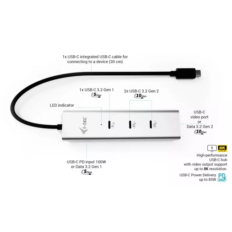 i-tec Metal USB-C uzlādes centrmezgls ar 5 pieslēgvietām, USB-C video 8K + jaudas piegāde 85 W