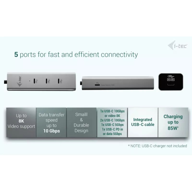 i-tec Metal USB-C uzlādes centrmezgls ar 5 pieslēgvietām, USB-C video 8K + jaudas piegāde 85 W