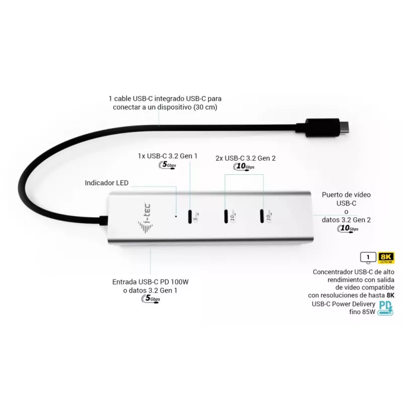 i-tec Metal USB-C uzlādes centrmezgls ar 5 pieslēgvietām, USB-C video 8K + jaudas piegāde 85 W