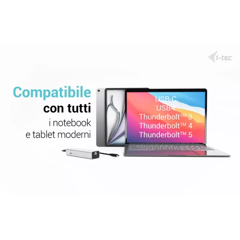 i-tec Metal USB-C uzlādes centrmezgls ar 5 pieslēgvietām, USB-C video 8K + jaudas piegāde 85 W