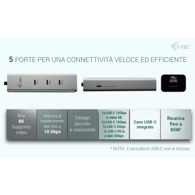 i-tec Metal USB-C uzlādes centrmezgls ar 5 pieslēgvietām, USB-C video 8K + jaudas piegāde 85 W