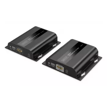 DIGITUS HDMI IP paplašinātāja komplekts — 4K/60 Hz, 120/200 m, viens uz daudziem, CAT, melns