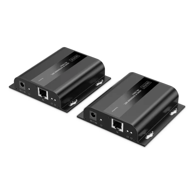 DIGITUS HDMI IP paplašinātāja komplekts — 4K/60 Hz, 120/200 m, viens uz daudziem, CAT, melns
