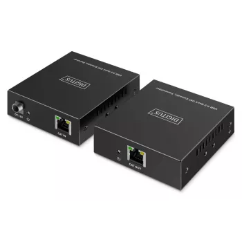 USB 3.2 Gen1 CAT paplašinātājs no DIGITUS DA-73121 — 5 Gbps, 4 pieslēgvietas (3× USB-A, 1× USB-C), 100 m, līdzstrāvas barošana