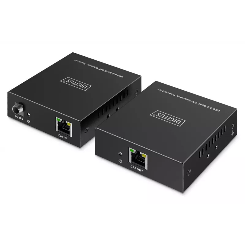 USB 3.2 Gen1 CAT paplašinātājs no DIGITUS DA-73121 — 5 Gbps, 4 pieslēgvietas (3× USB-A, 1× USB-C), 100 m, līdzstrāvas barošana