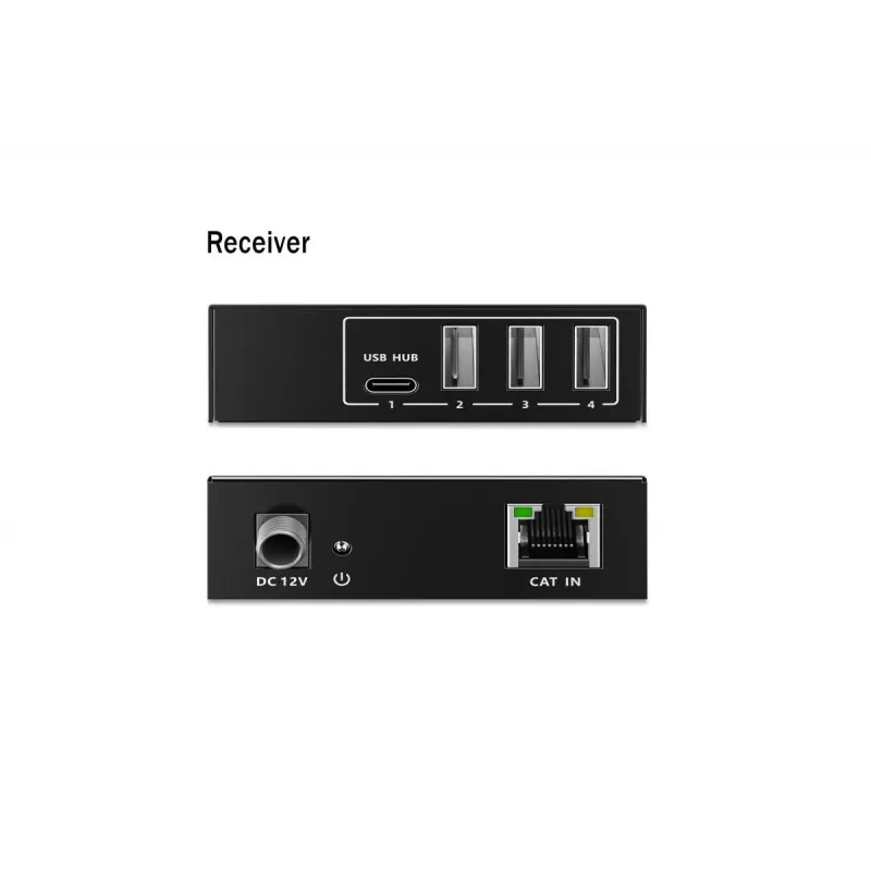 USB 3.2 Gen1 CAT paplašinātājs no DIGITUS DA-73121 — 5 Gbps, 4 pieslēgvietas (3× USB-A, 1× USB-C), 100 m, līdzstrāvas barošana
