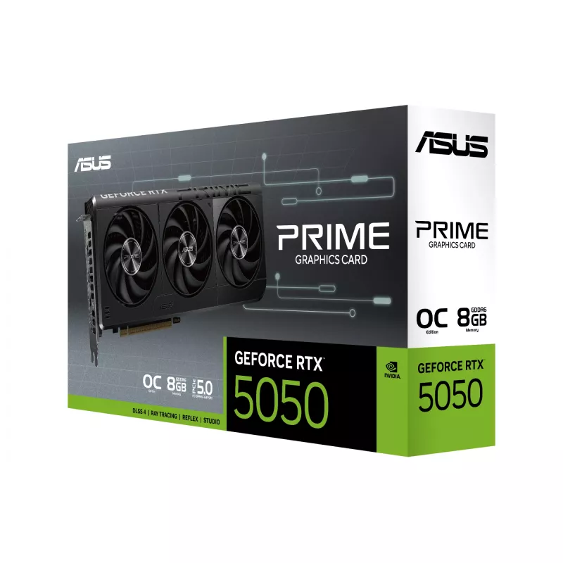 Grafikas karte ASUS GeForce RTX 5050 8 GB GDDR6, PCIe 5.0, 2560 CUDA kodoli, 128 bitu, 3xDP 1xHDMI, 550W barošanas bloks, 268,3×120×50 mm