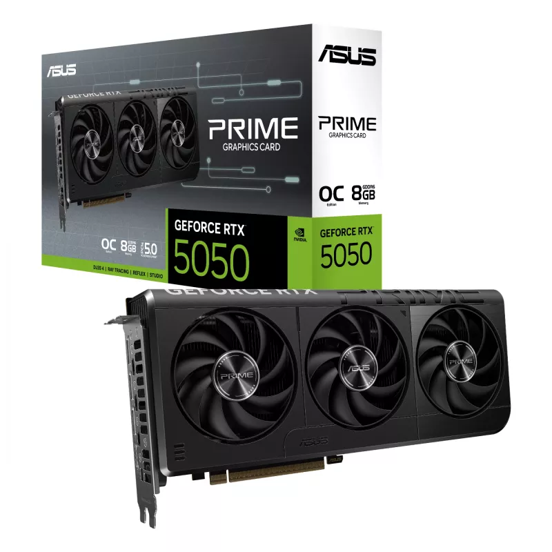 Grafikas karte ASUS GeForce RTX 5050 8 GB GDDR6, PCIe 5.0, 2560 CUDA kodoli, 128 bitu, 3xDP 1xHDMI, 550W barošanas bloks, 268,3×120×50 mm