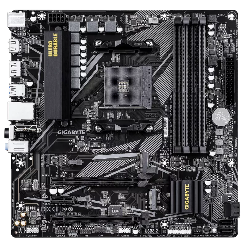 GIGABYTE B550M DS3H AC R2 mātesplate - AMD Ryzen 5000 CPU, 5+3 fāžu VRM, līdz 4733MHz DDR4 (O.C.), 1xPCIe 4.0 + 1xPCIe 3.0 M.2, Wi-Fi 5, 1GbE LAN, USB 3.2 Gen 1