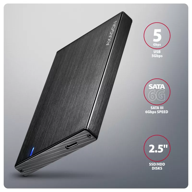 Axagon EE25-XA6C kompakta alumīnija USB-C 5Gbps – SATA 6G ārējā kaste 2,5 collu SSD/HDD
