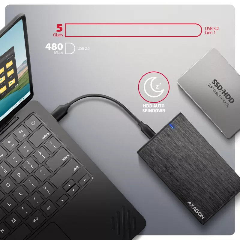 Axagon EE25-XA6C kompakta alumīnija USB-C 5Gbps – SATA 6G ārējā kaste 2,5 collu SSD/HDD