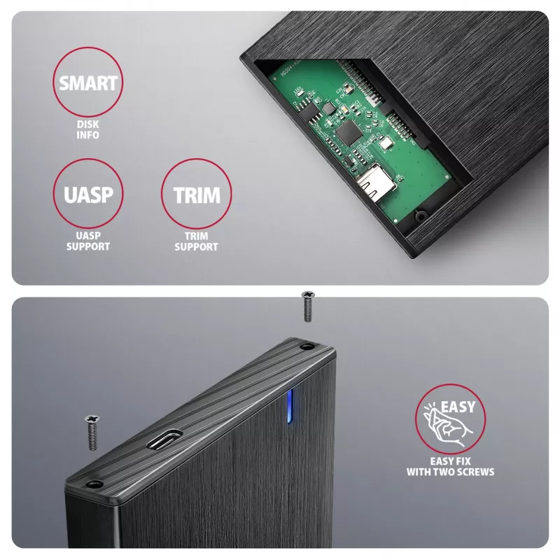 Axagon EE25-XA6C kompakta alumīnija USB-C 5Gbps – SATA 6G ārējā kaste 2,5 collu SSD/HDD