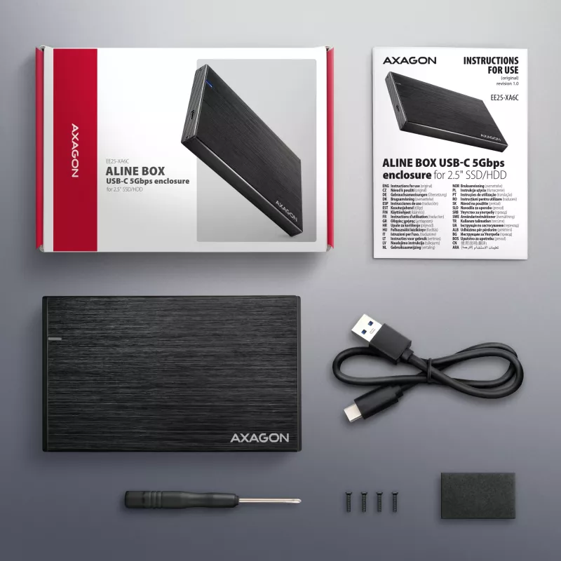 Axagon EE25-XA6C kompakta alumīnija USB-C 5Gbps – SATA 6G ārējā kaste 2,5 collu SSD/HDD