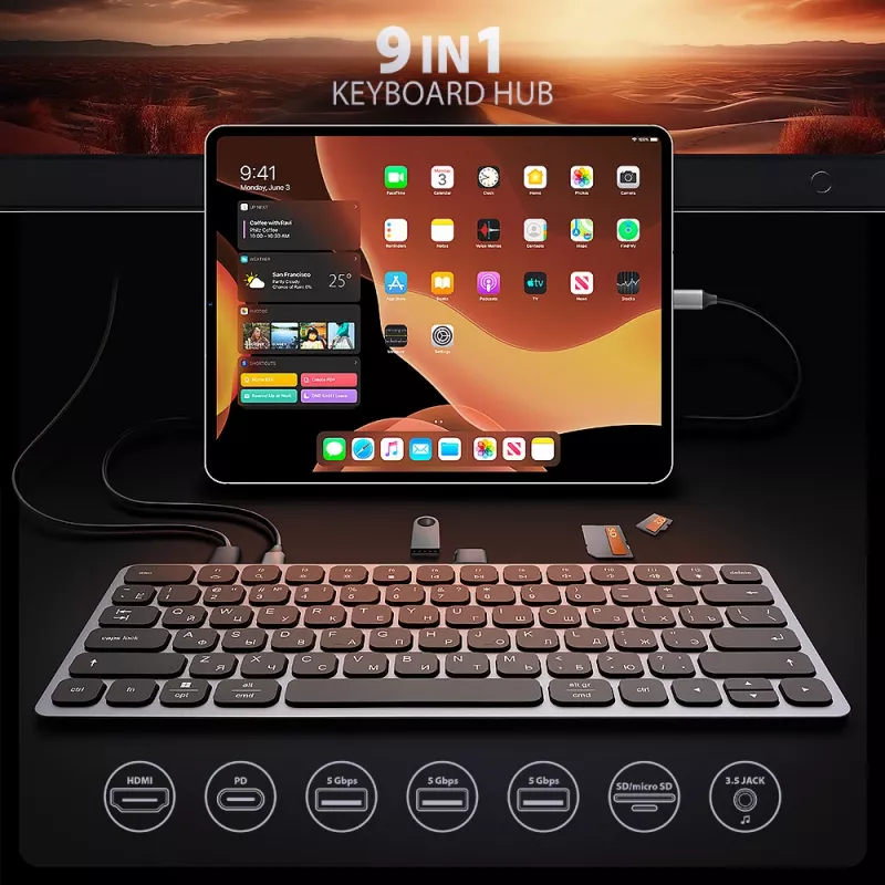 Axagon HMC-KB-CRL, USB 5Gbps centrmezgls ar tastatūru, HDMI 4K/60Hz, 3x USB-A, SD/mSD, audio, PD100, kirilicas izkārtojums