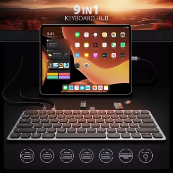 Axagon HMC-KB-NRD, USB 5Gbps centrmezgls ar tastatūru, HDMI 4K/60Hz, 3x USB-A, SD/mSD, audio, PD100, Ziemeļvalstu izkārtojums