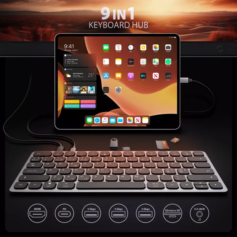 Axagon HMC-KB-NRD, USB 5Gbps centrmezgls ar tastatūru, HDMI 4K/60Hz, 3x USB-A, SD/mSD, audio, PD100, Ziemeļvalstu izkārtojums