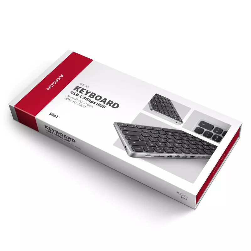 Axagon HMC-KB-NRD, USB 5Gbps centrmezgls ar tastatūru, HDMI 4K/60Hz, 3x USB-A, SD/mSD, audio, PD100, Ziemeļvalstu izkārtojums